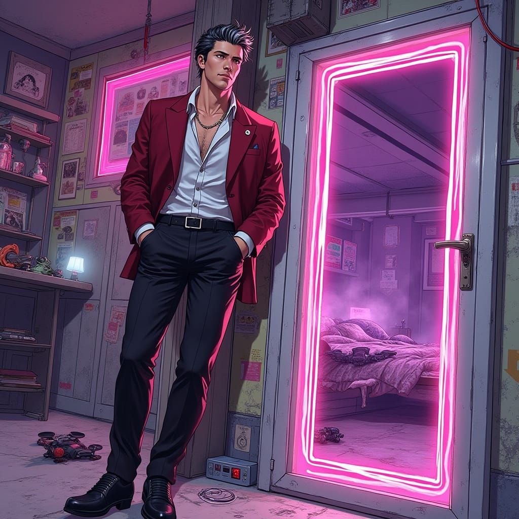 Handsome Anime Man in Crimson Suit in Cyberpunk Bedroom
