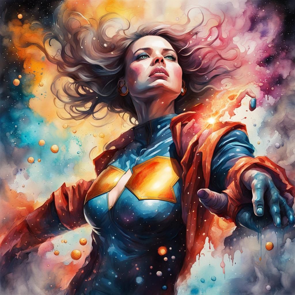 Superheroine Touches Energy Source as Watercolor Graffiti Ar...