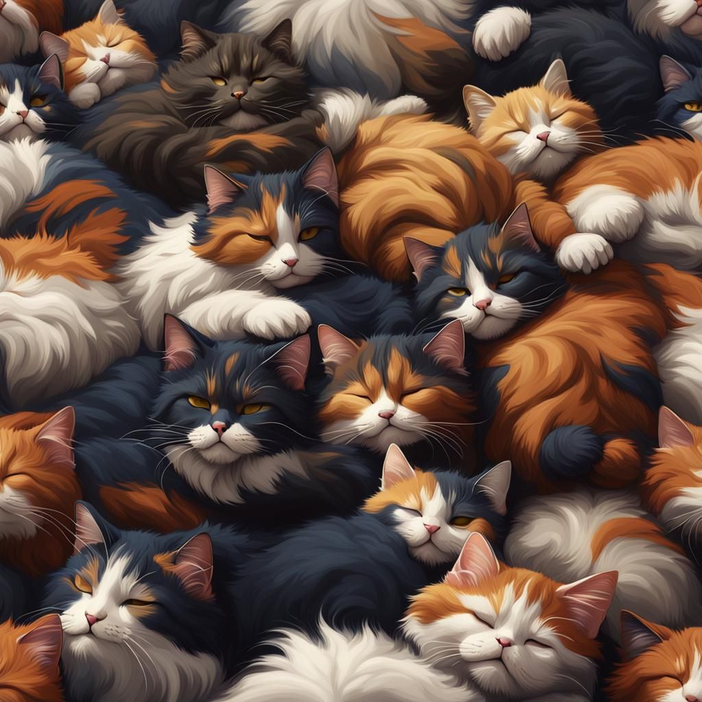 Fluffy Calico Cats Sleeping: Fantasy Concept Art