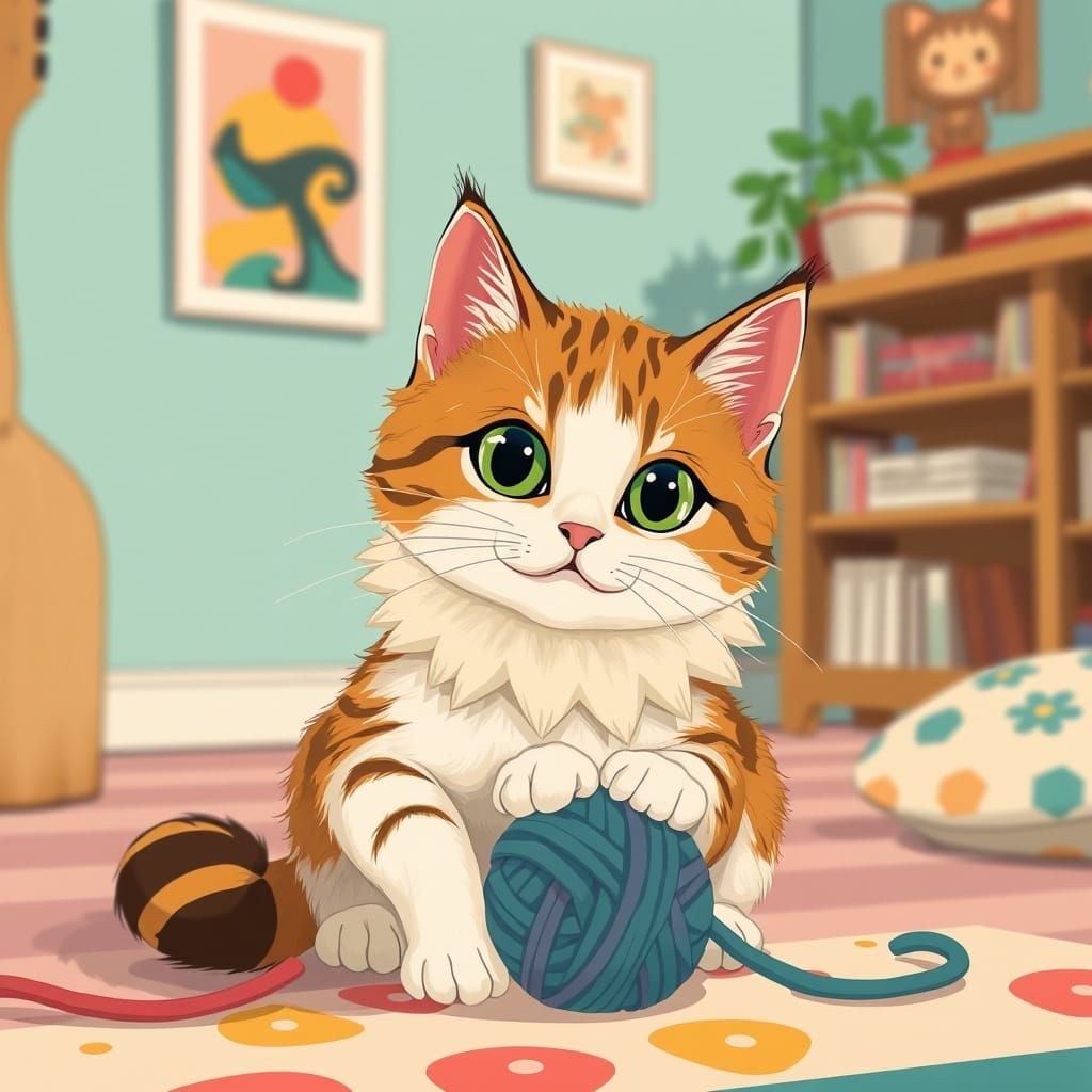 Whimsical Cat in a Colorful Living Room