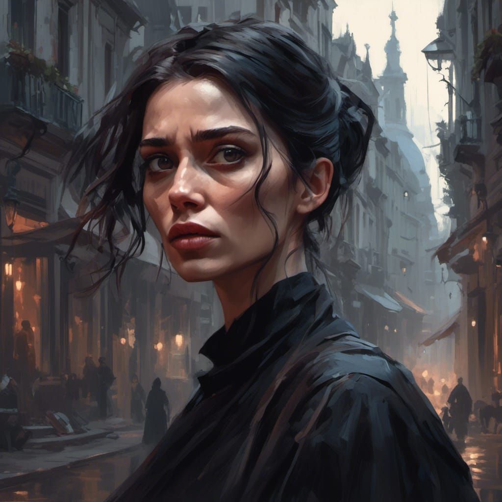 Frightened Woman in Gothic City with Cult Followers