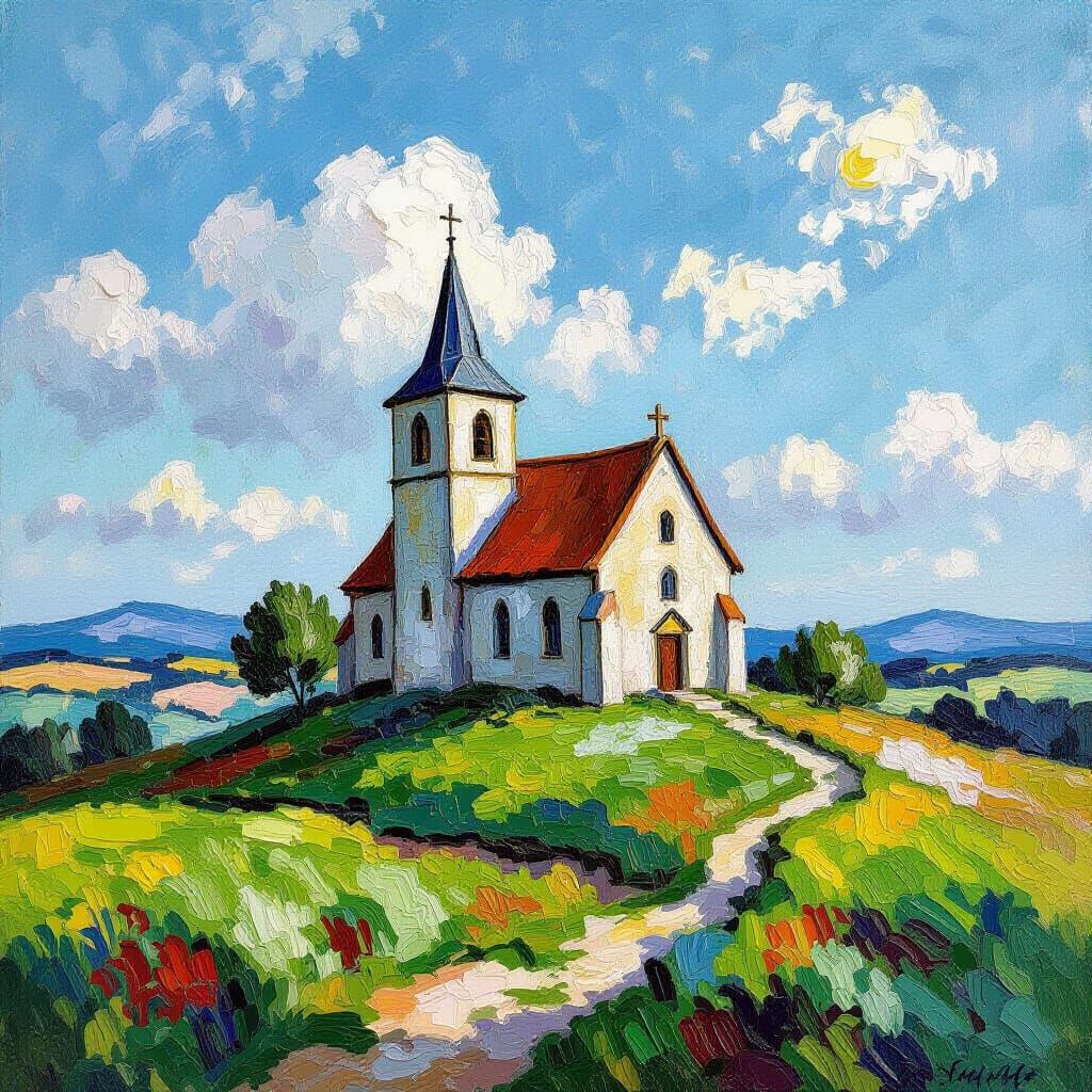 Ancient Church on Verdant Hill Neo-Impressionist Painting