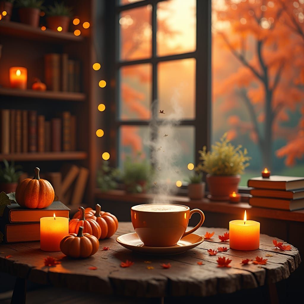 Enchanting Autumn Coffee Shop in Matte Painting Style