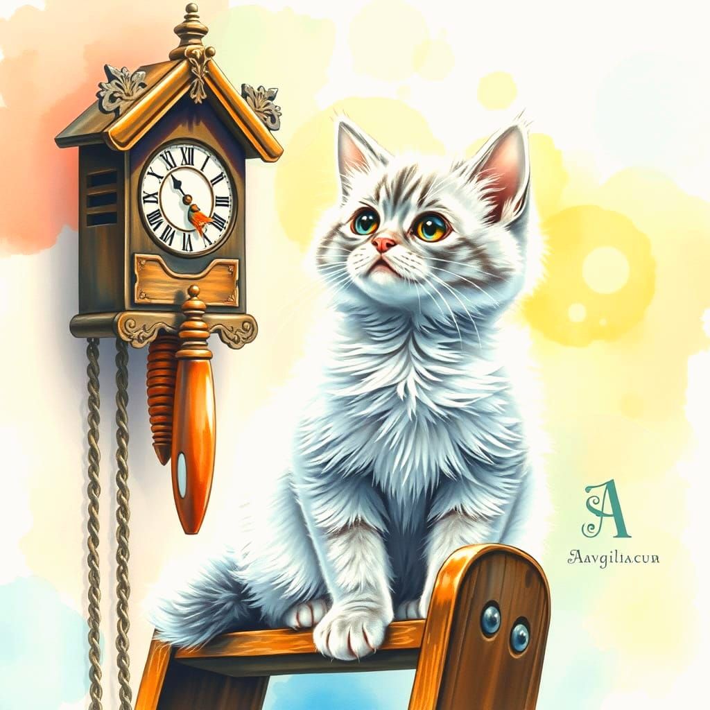 Fluffy Kitten Waits for Cuckoo Bird in Aquarelle