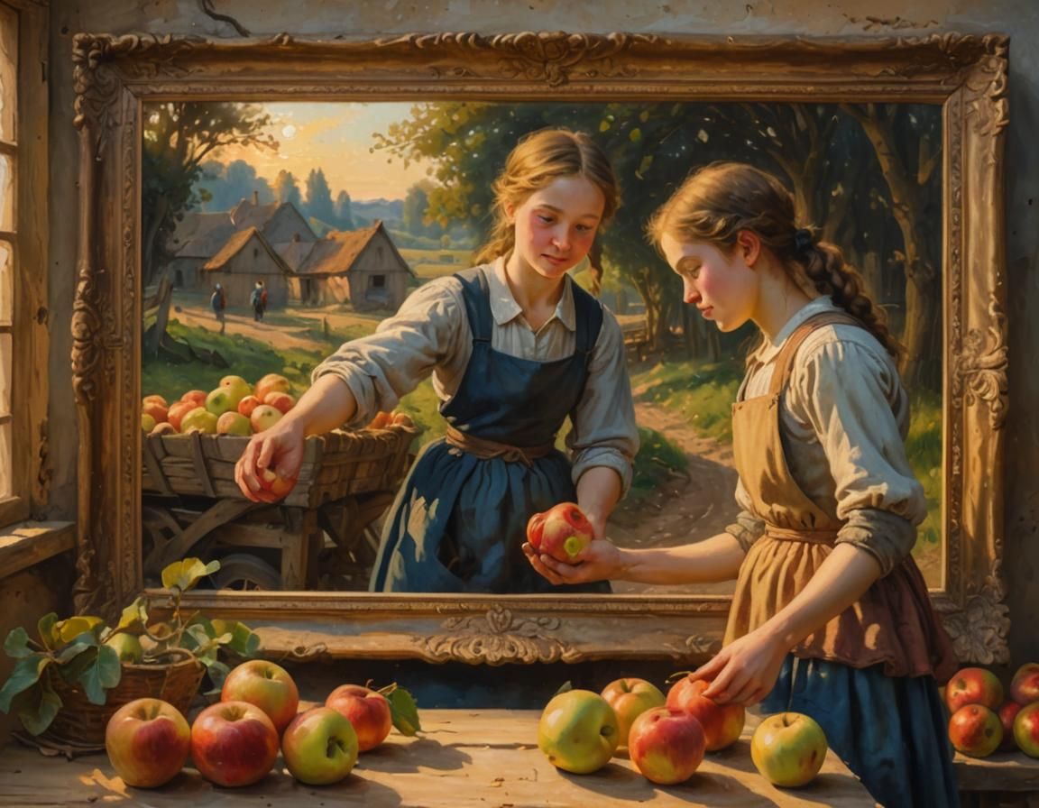 Kindness: Peasant Girl Shares Apples in Oil Painting
