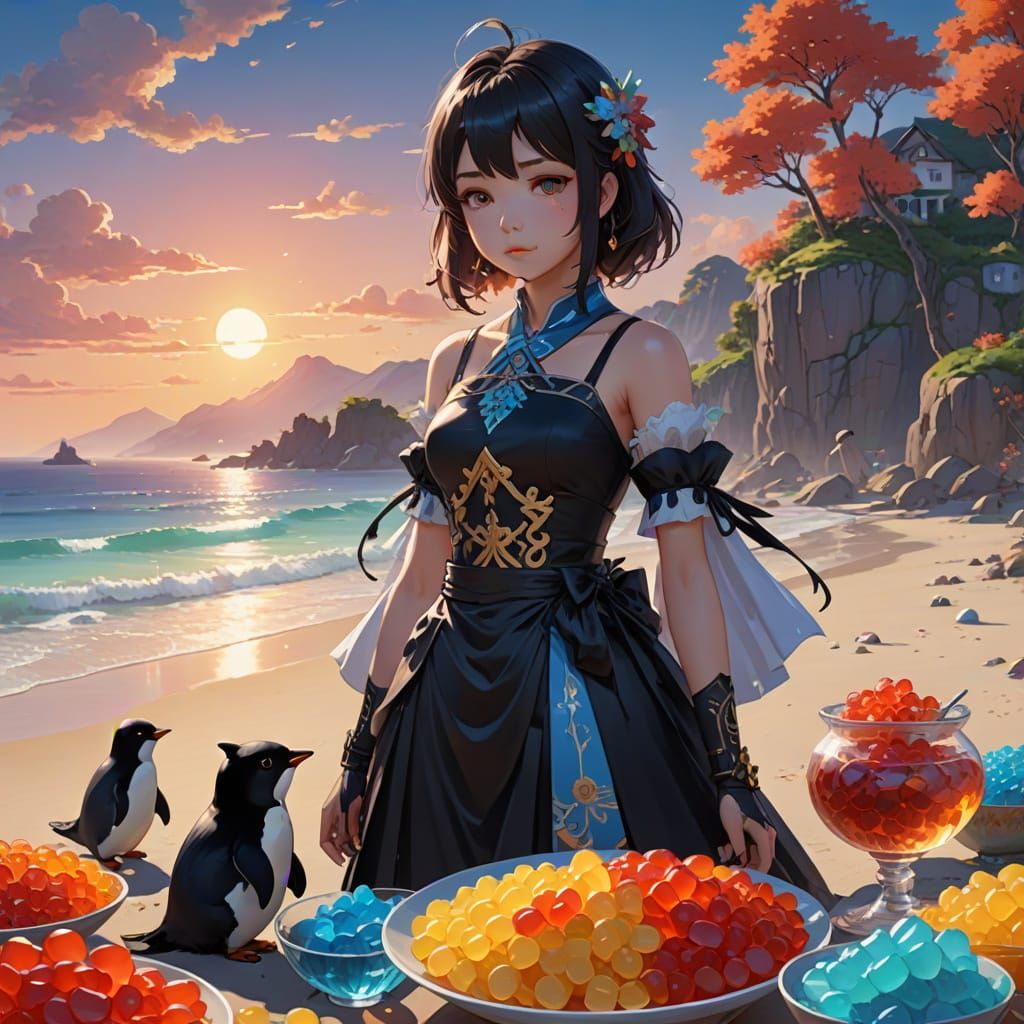 Anime Girl on Beach with Gummy Bears and Penguin Shoes
