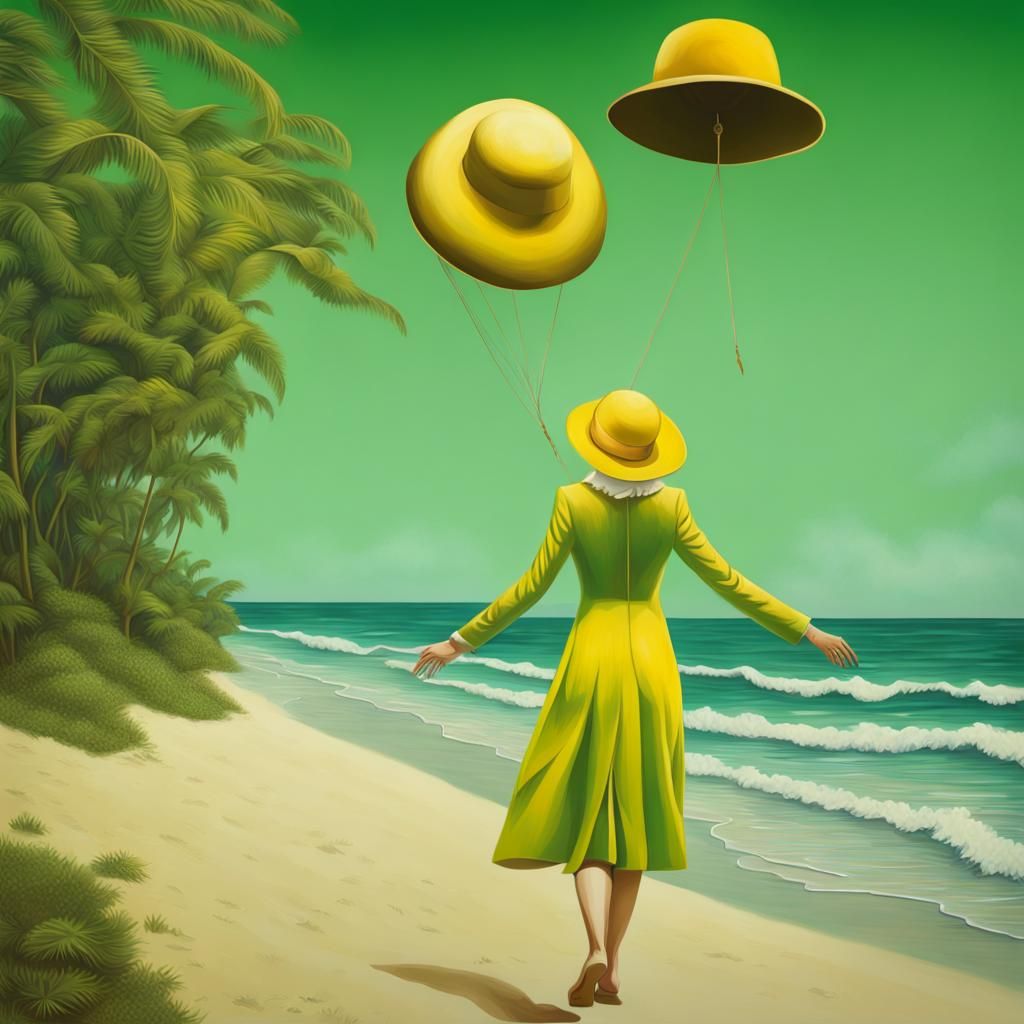 René Magritte Style: Lady in yellow hat walking at beach