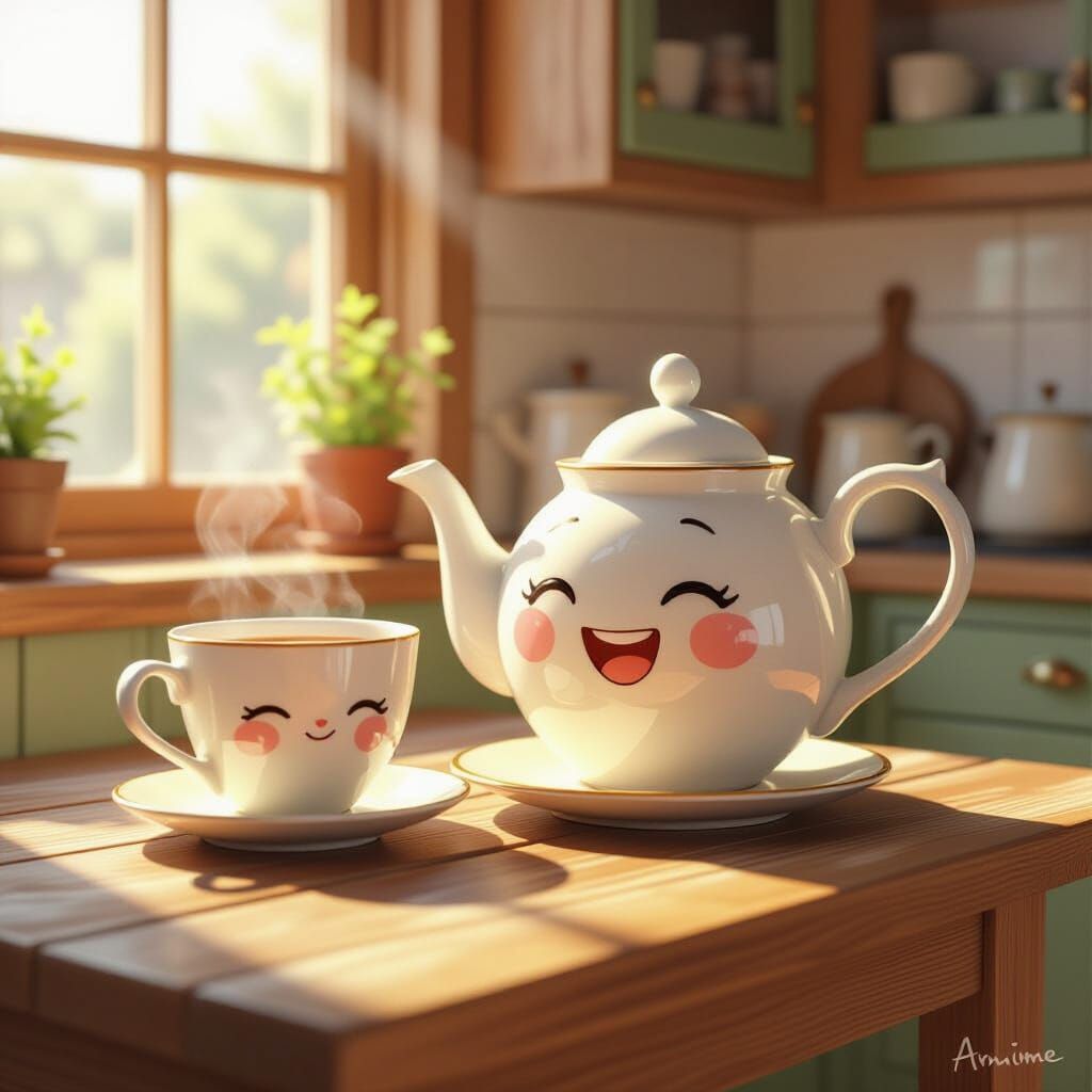 Anthropomorphic Teapot and Teacup in Sunlit Kitchen