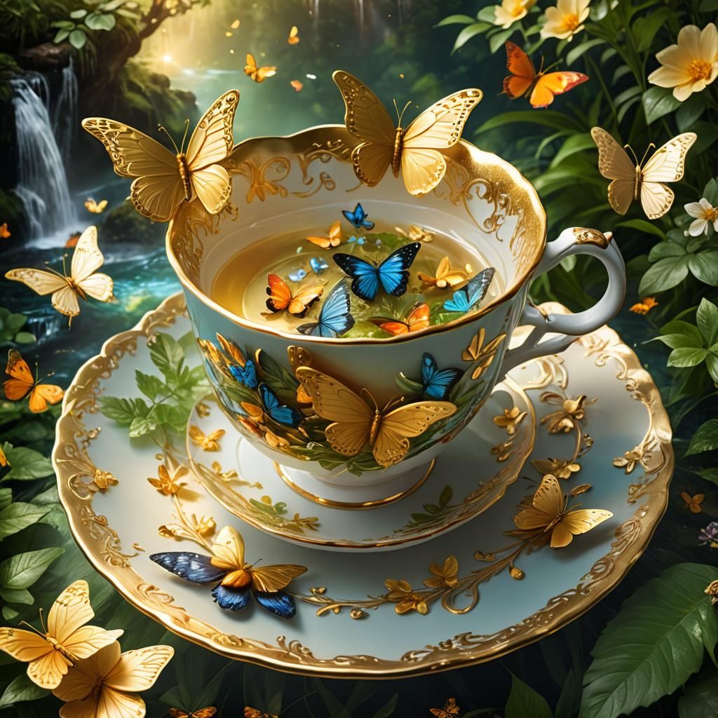 Gold Teacup Waterfall Scene: Digital Matte Painting
