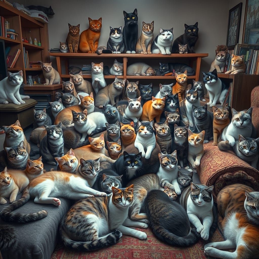 Photorealistic Room Overflowing with Cats in 4K Detail
