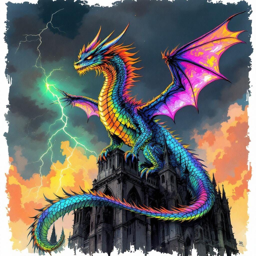 Prism Dragon Cathedral: Expressive Ink Illustration