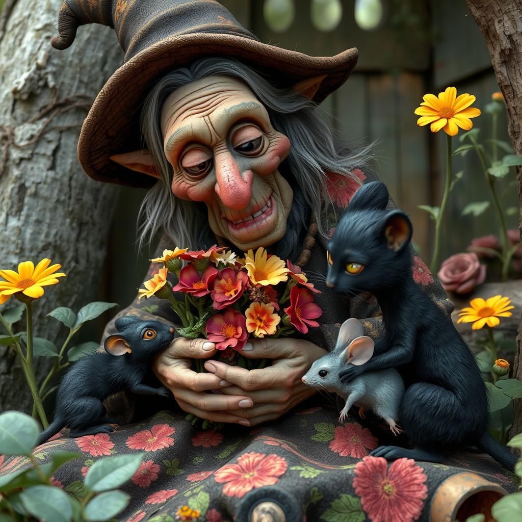 Whimsical Witch with Cat in 3D Style