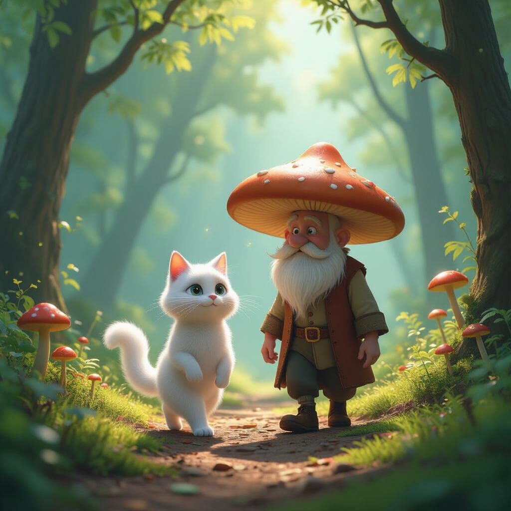 Whimsical Forest Journey: Cat and Mushroom Man