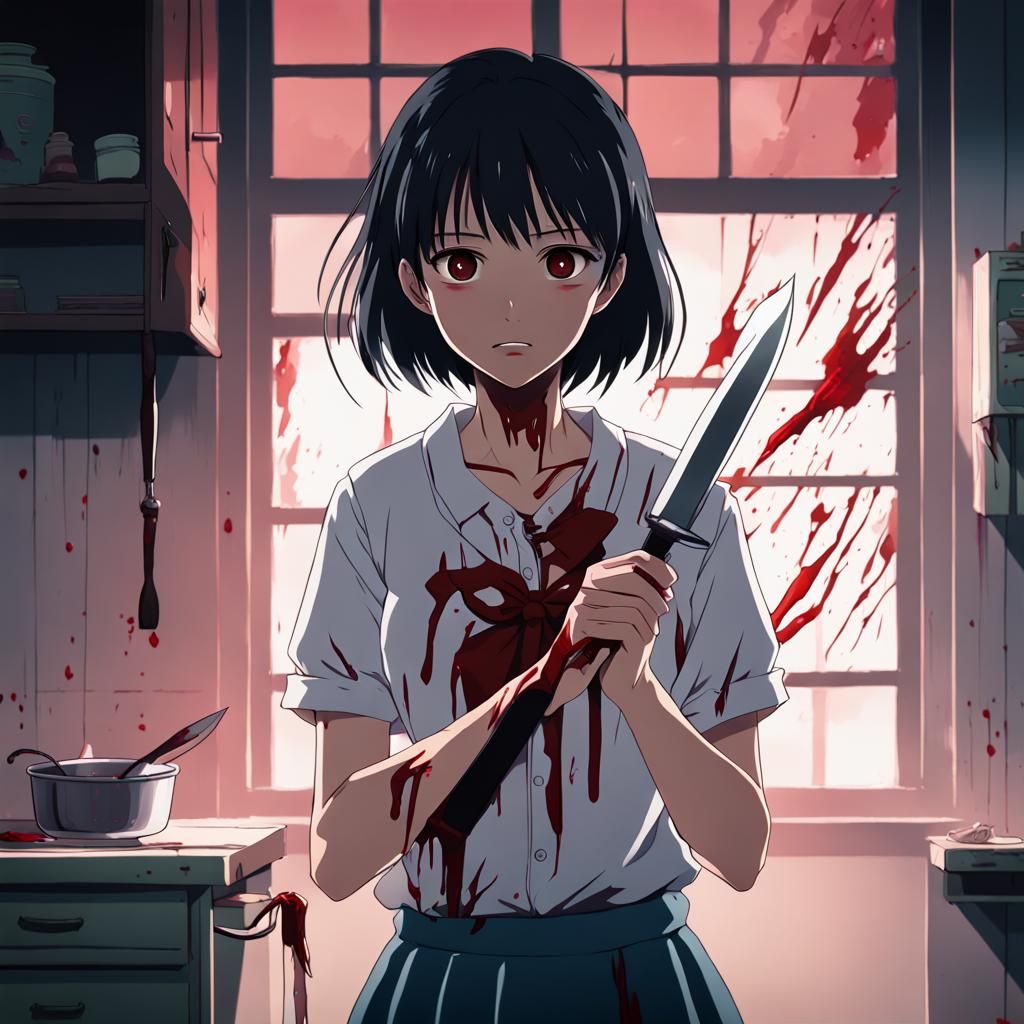 Yandere Anime Girl with Knife, Ghibli Style