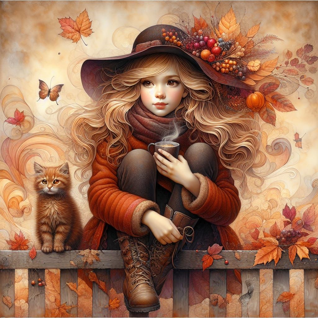 Autumn Scene Painting of Girl and Kitten on Fence