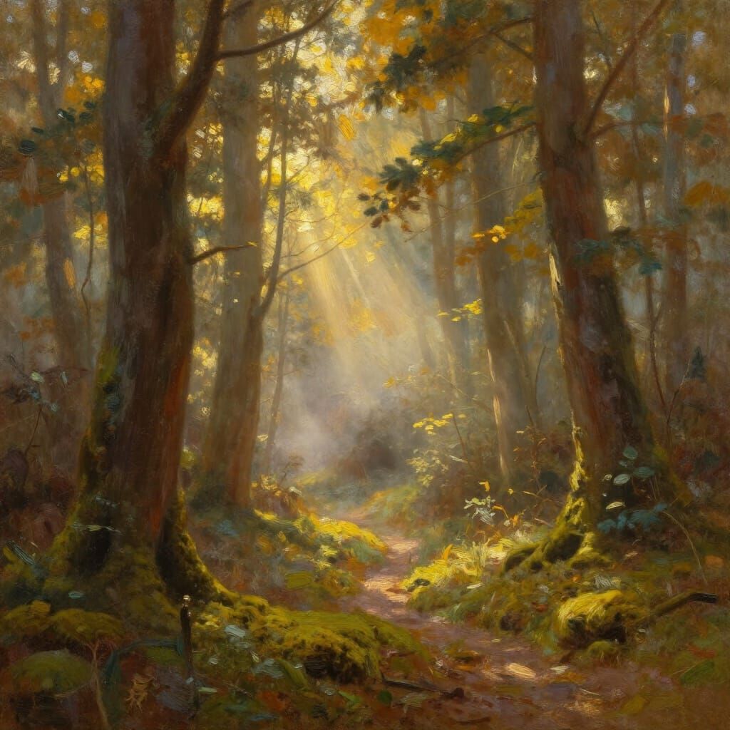Sunlit Forest Oil Painting with Ethereal Mist