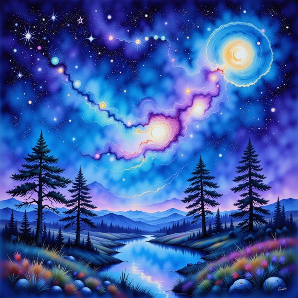 Vibrant Starry Night in Gouache Style