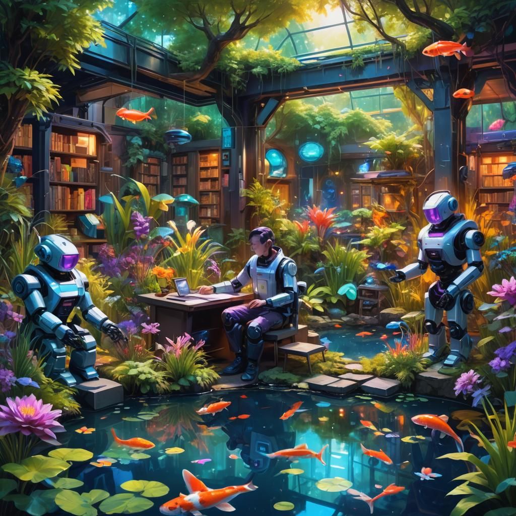 Futuristic Garden with Robotic Librarians in Techno-Nature-F...