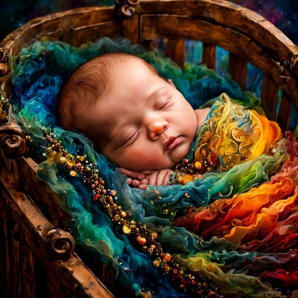 Newborn Baby Asleep in Crib: Whimsical Oil Pastel Art