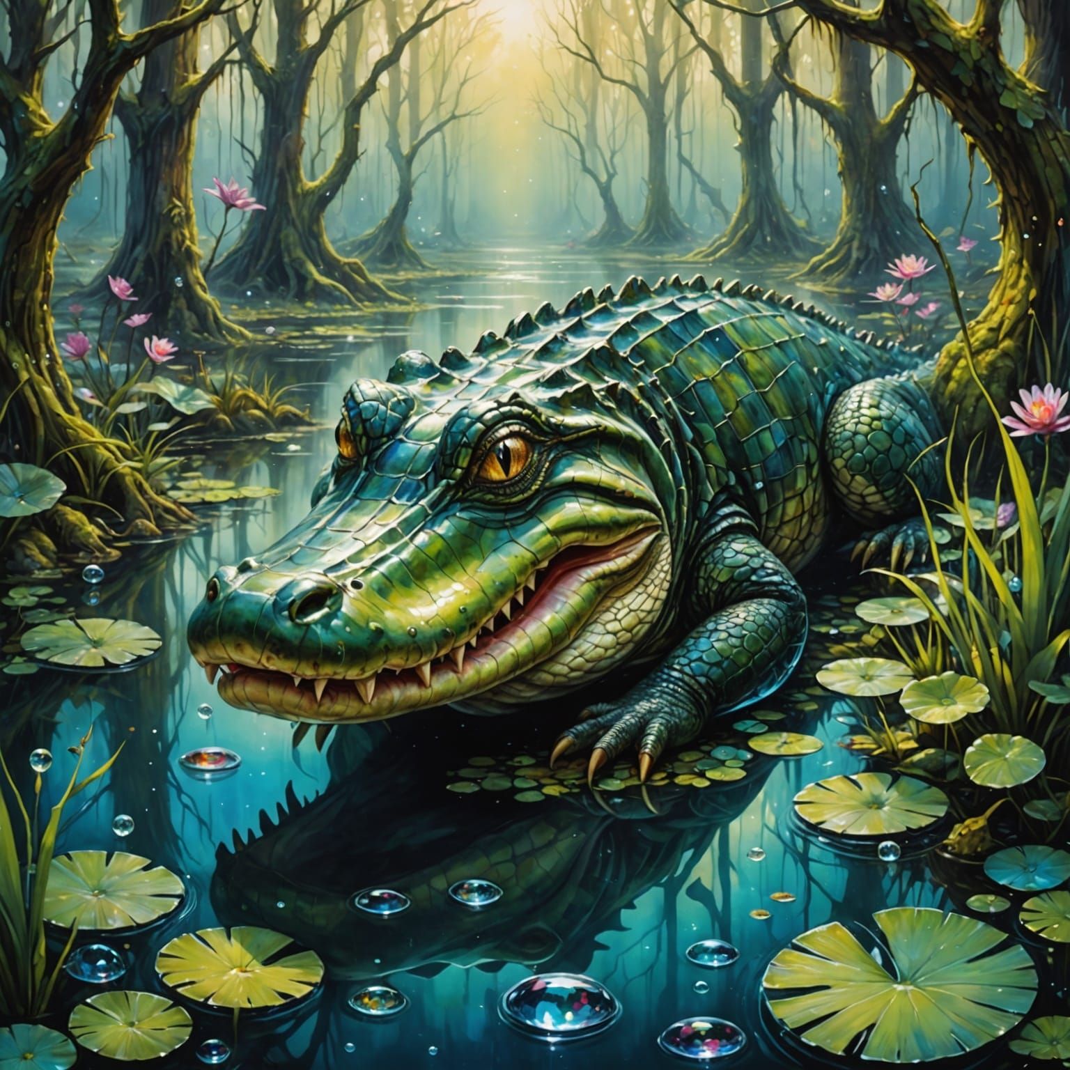 Alligator in a Vibrant Crystal Swamp