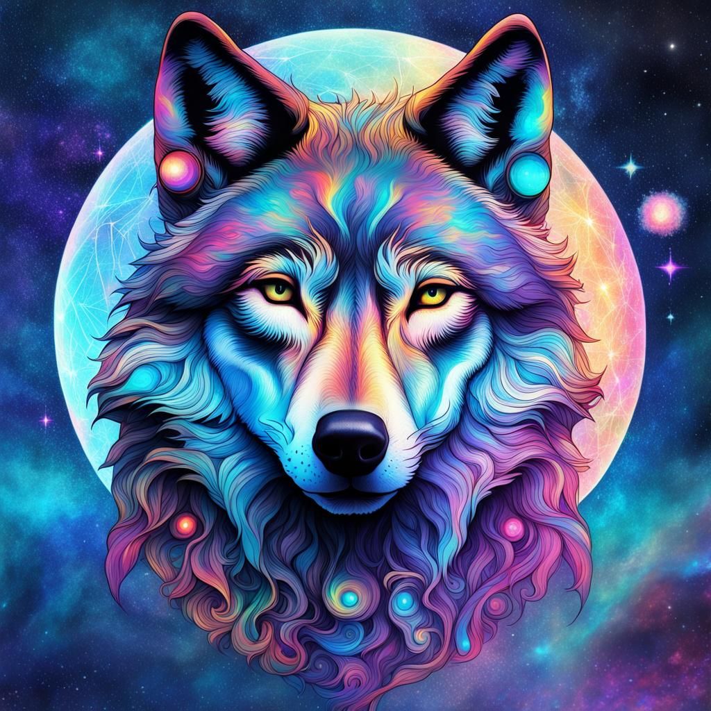 Cosmic Wolf: Holographic Astral Illustration in Mixed Media