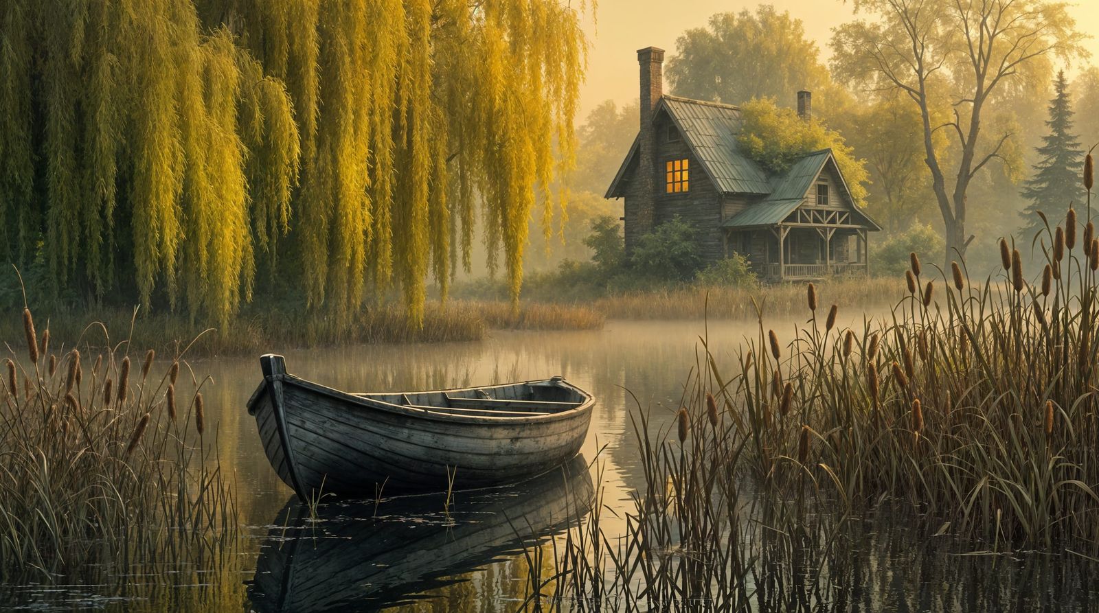 Rustic Rowboat in Eerie Rose Gold Sunlight