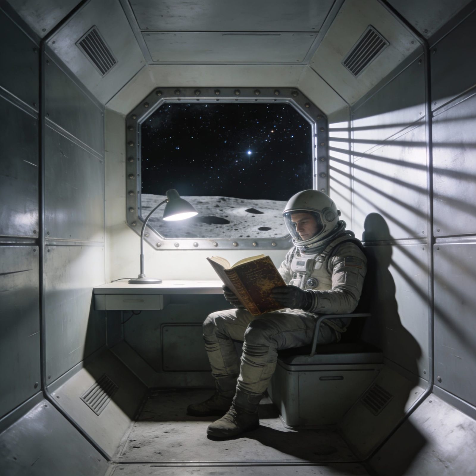 Astronaut Reads in Sterile Lunar Habitat, Sci-Fi Art