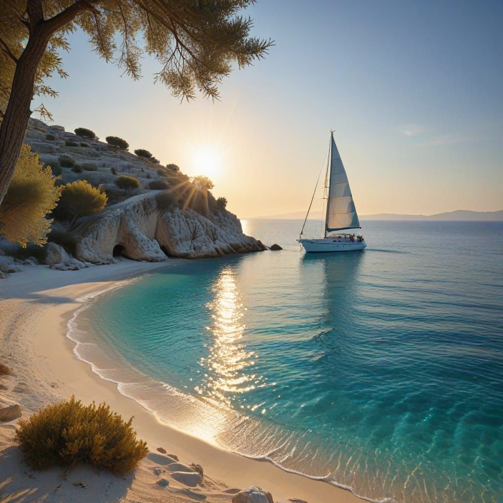 Mediterranean Cove with Sailboat in Impressionistic Style