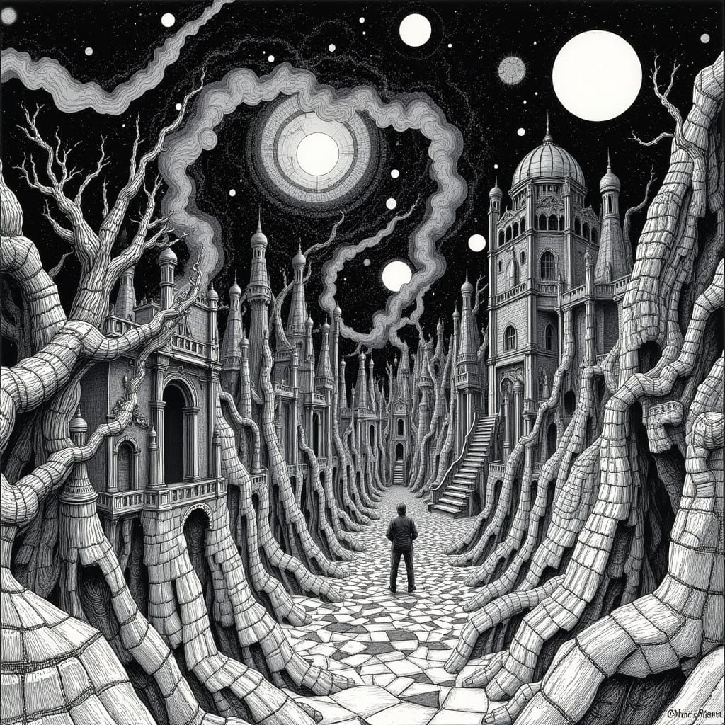 Impossible Geometry Portrait in Escher Style