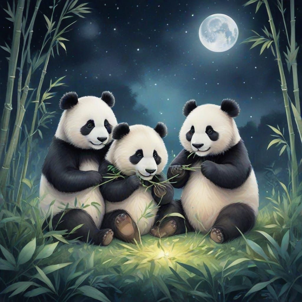 Enchanted Pandas Eating Bamboo in Watercolor Style