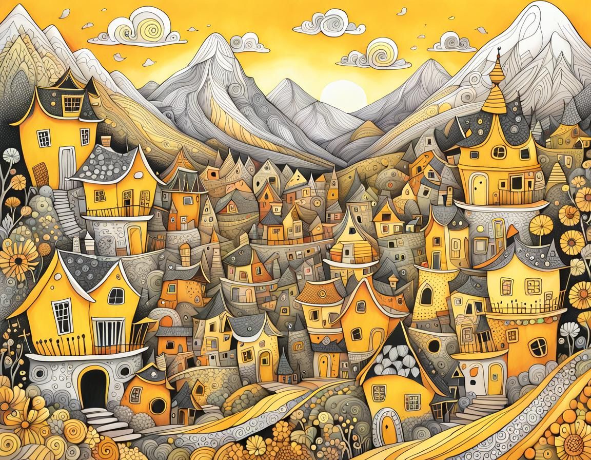 Whimsical Zentangle Mountain Village Doodle