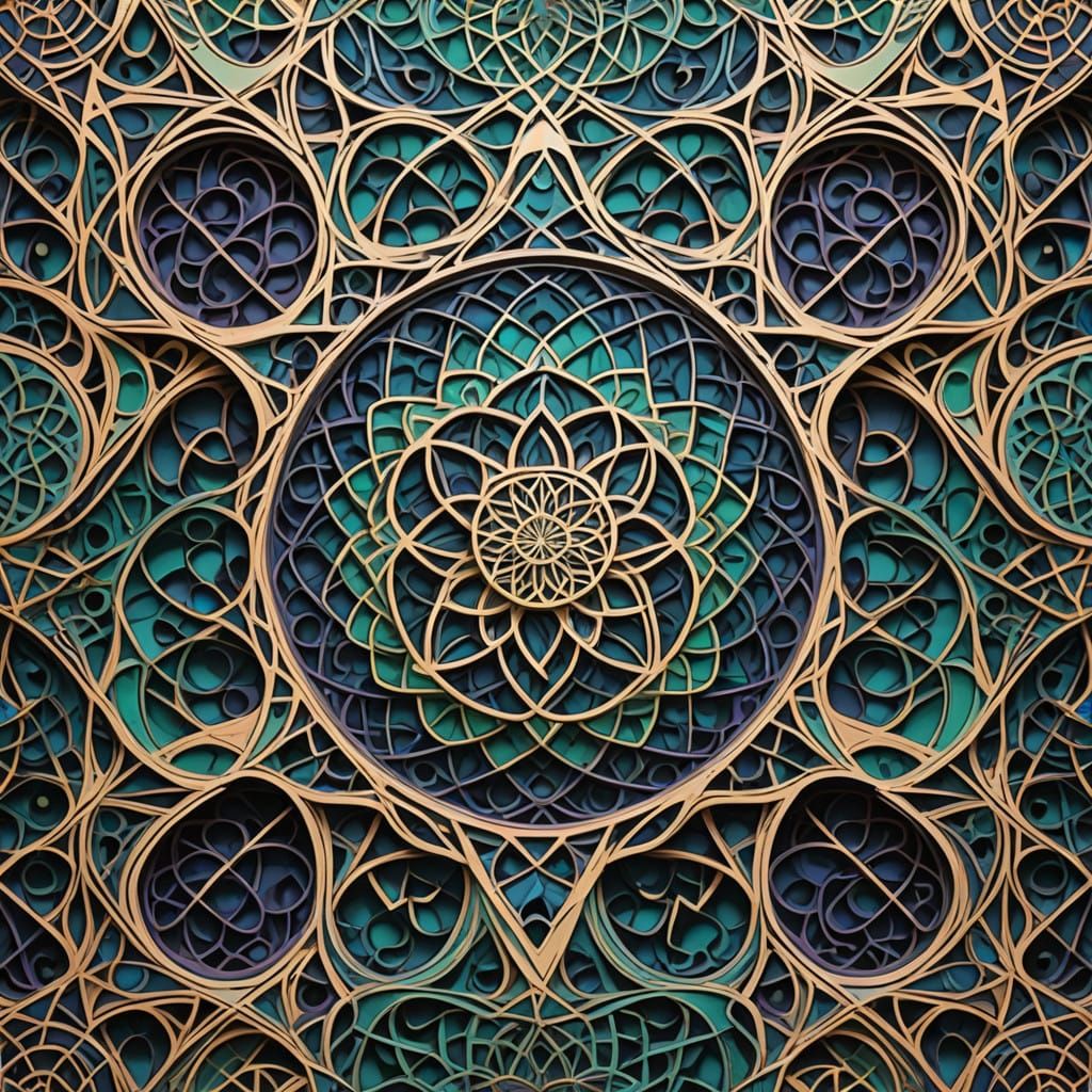 Fractal Tapestry in Escher-Inspired Style with Iridescent Co...