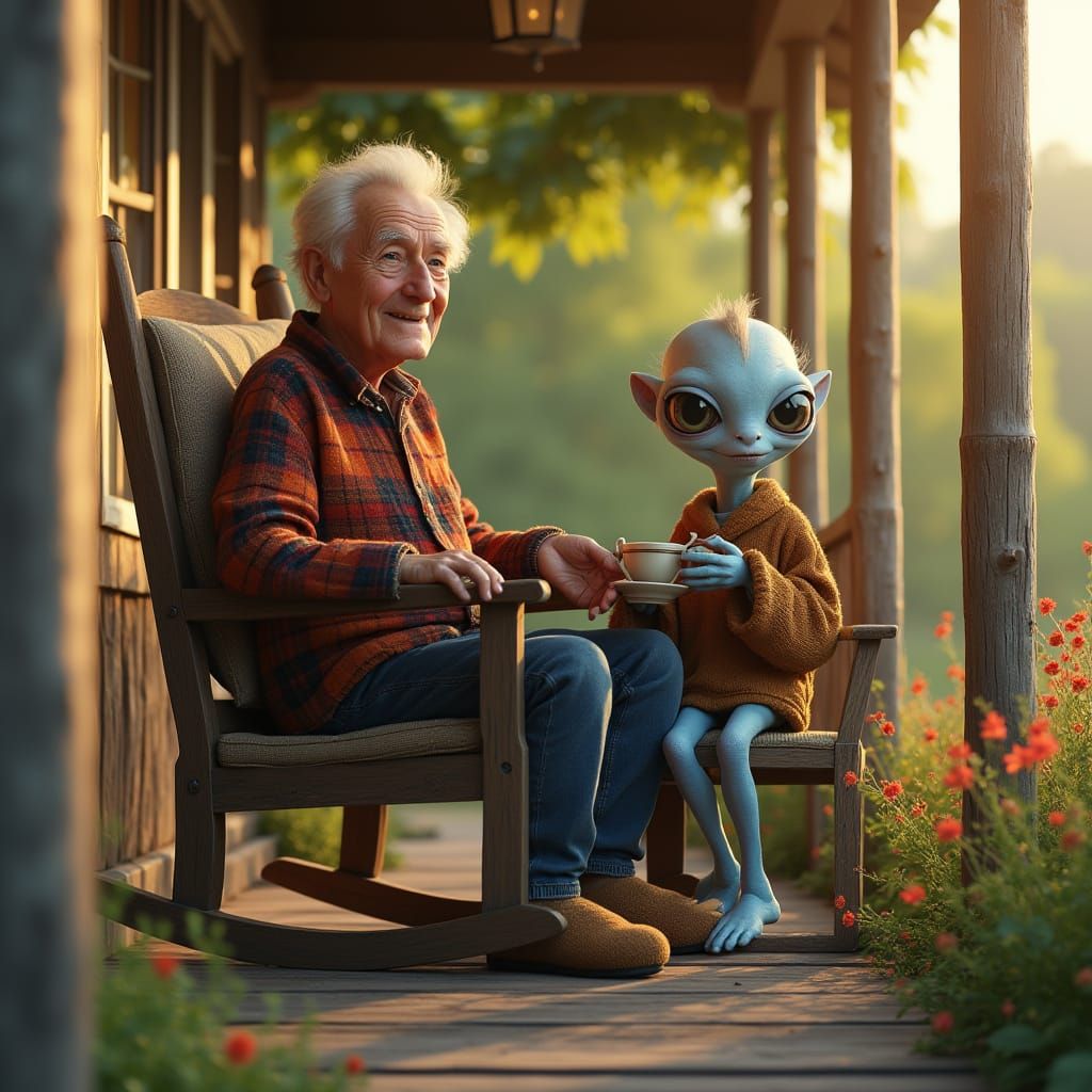 Warm Morning Serenity with Elderly Gentleman and Alien Frien...