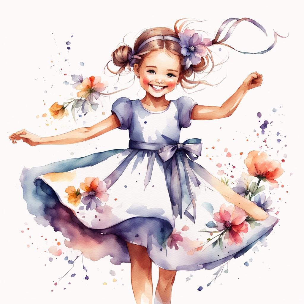 Happy Girl Dancing in Watercolor Flower Garden