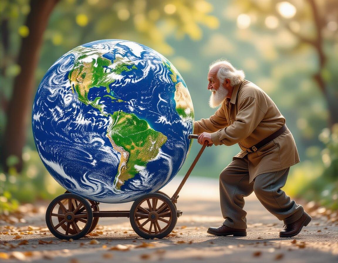 Old Man Pulling Earth: Detailed Fantasy Art