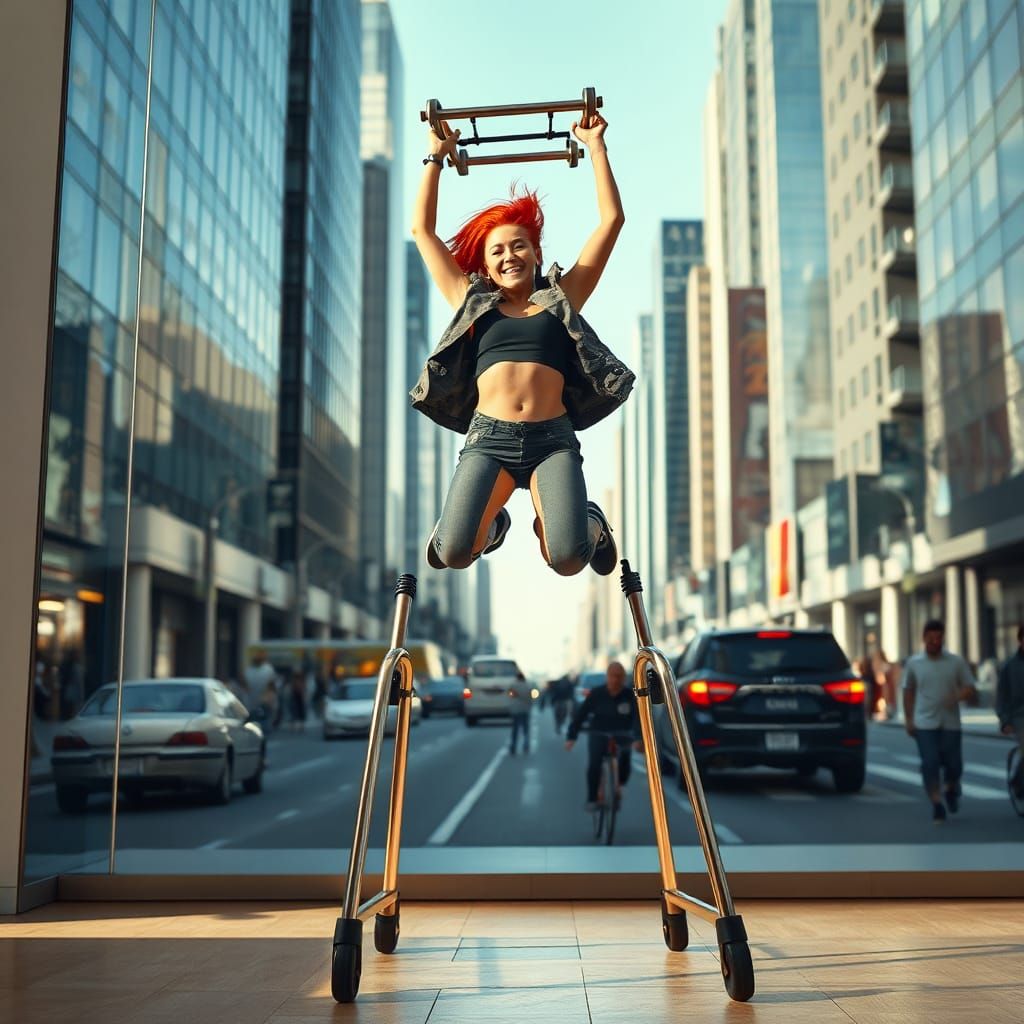 Woman Leaping with Walker in City Street