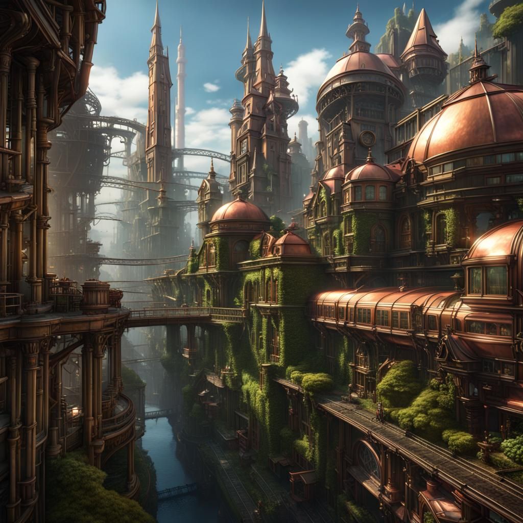 Steampunk City Vista with Greenhouses and Monorail