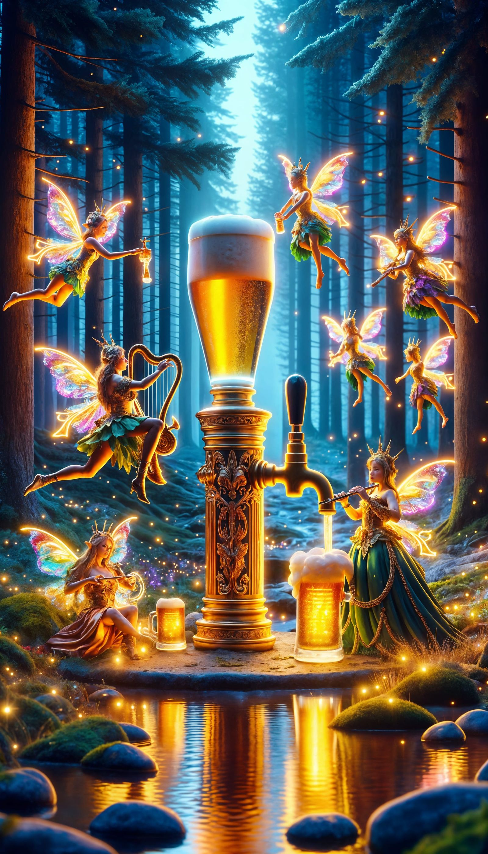 Festive Fairies Celebrate with Beer in Forest Clearing