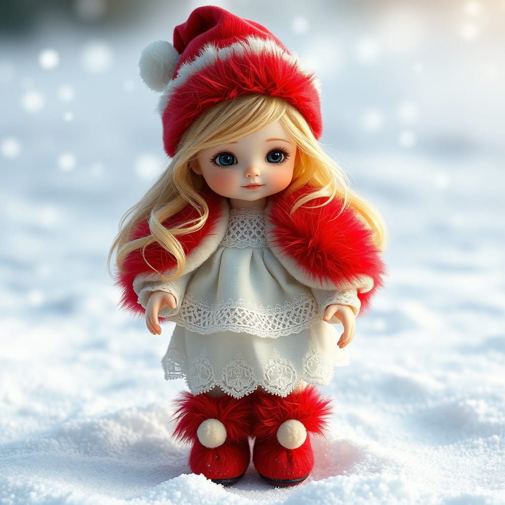 Serene Winter Wonderland with Doll-Like Girl in Crimson Coat
