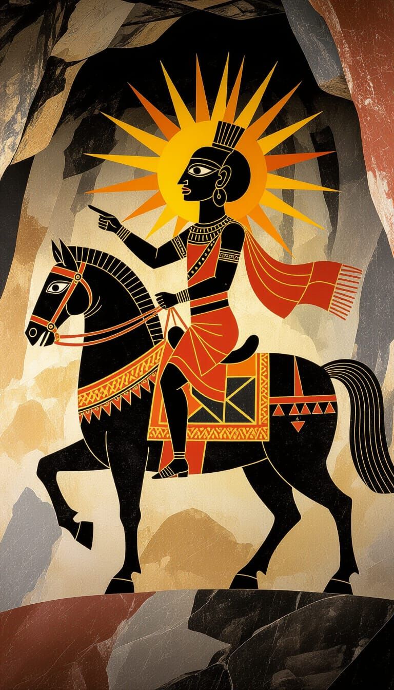 Ancient Cave Painting of Sun-Headed Rider on Geometric Horse