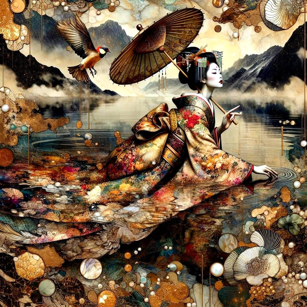 Elegant Geisha Slides Across a Mystical Lake in a Hypermaxim...