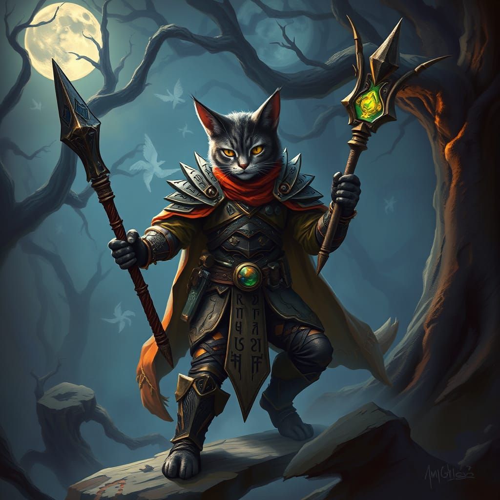 Mystical Cat Battlemage Stands Heroically in Moonlit Forest