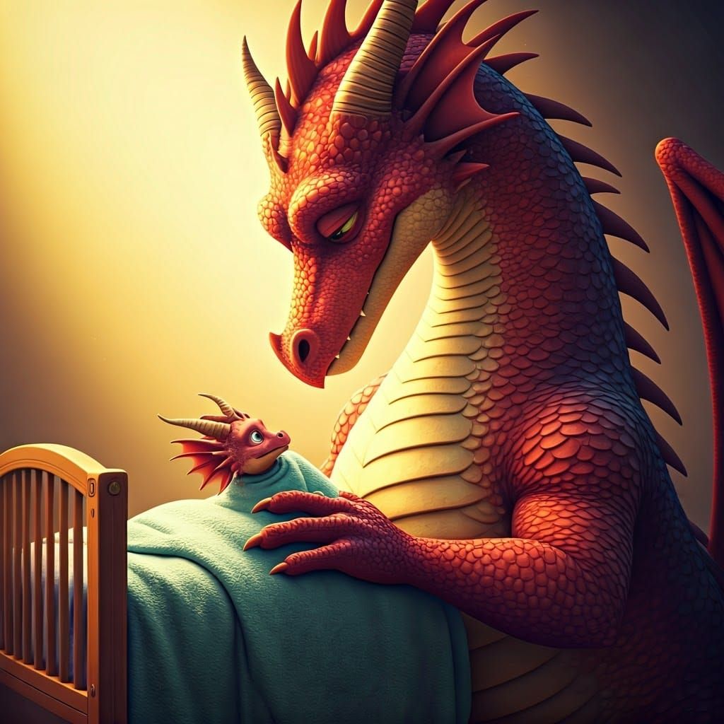 Mother Dragon's Tender Moment in 3D Digital Art