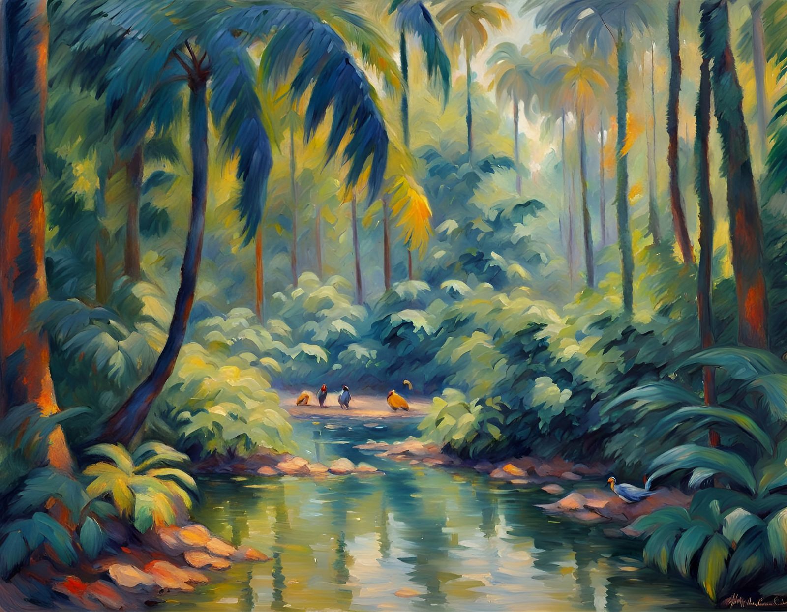 Impressionist Jungle Scene with Wildlife