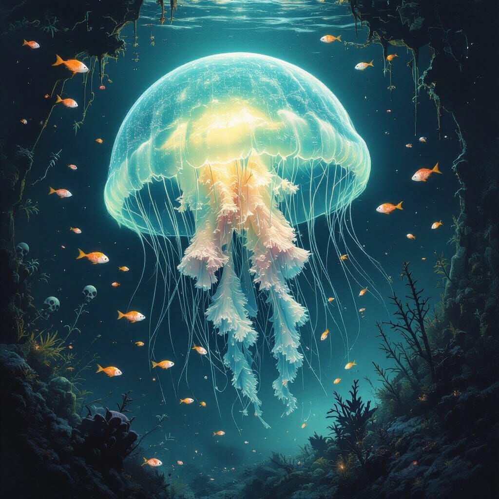 Bioluminescent Jellyfish in Deep-Sea Trench: Surreal Dark Ar...