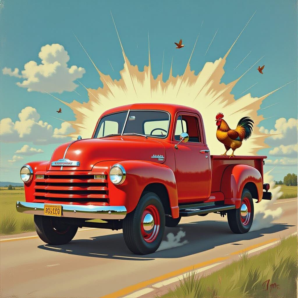 Vintage Red Truck's Howl Transforms Chicken into Drummer