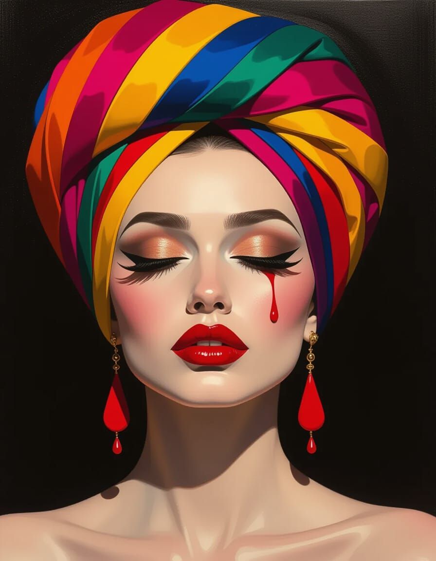 Surreal Woman in Bold Turban and Dramatic Makeup