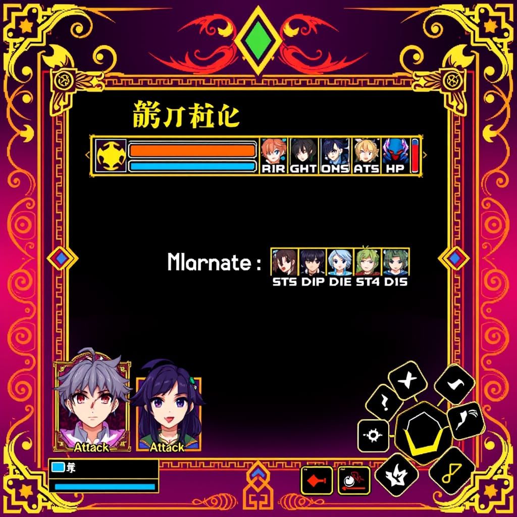 Anime-Inspired JRPG Battle Screen with Ancient Magic Symbols...