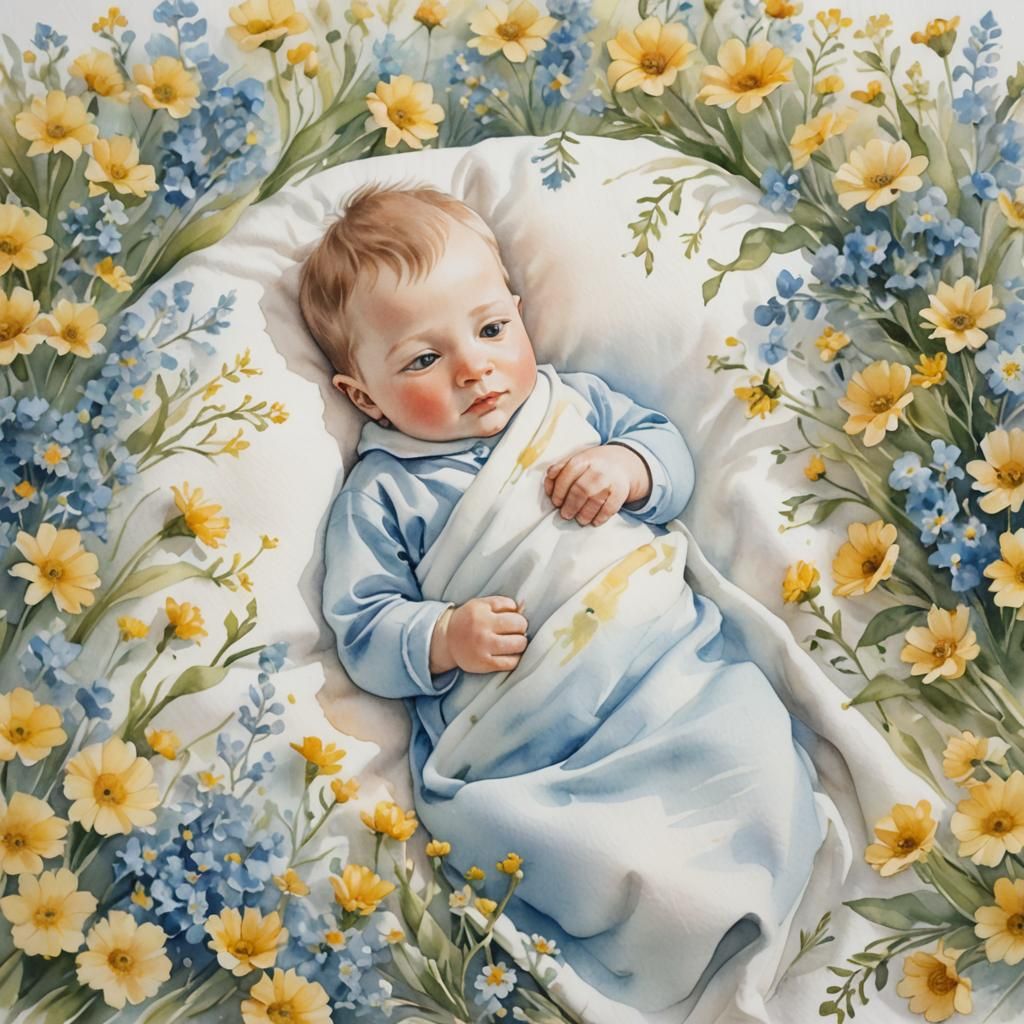 Watercolor Newborn Surrounded by Flowers