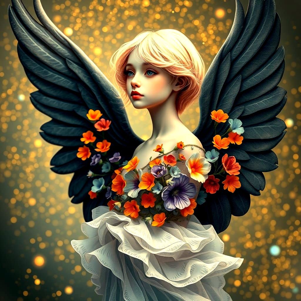 Angel of Cosmic Beauty in Vibrant Floral Hues